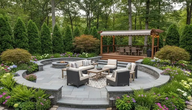 Cincinnati backyard patio with custom landscaping, outdoor seating, lighting, and privacy plantings