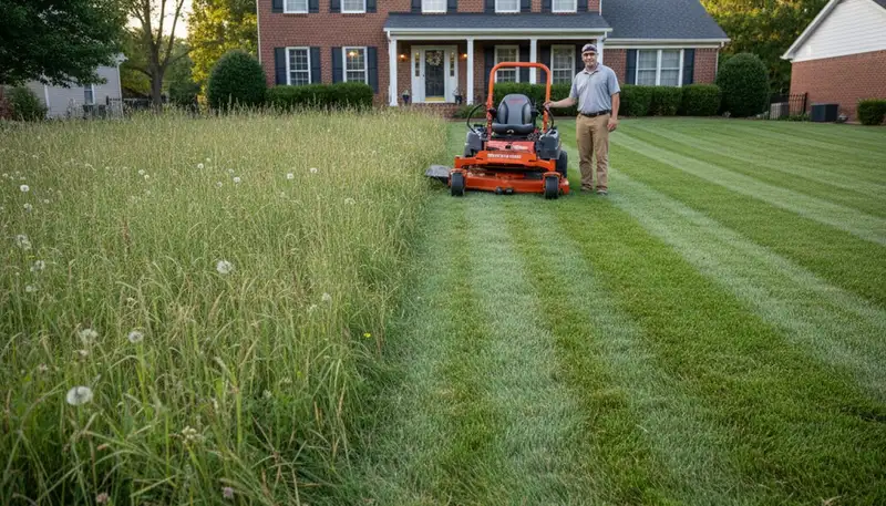 Before and after professional lawn mowing showing lush green yard transformation in Cincinnati, OH