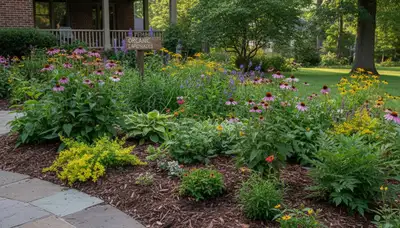 Organic landscape beds with natural mulch and native plants in Cincinnati, OH by Chop Chop Landscaping