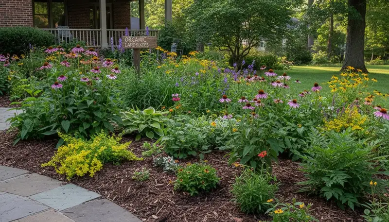 Organic landscape beds with natural mulch and native plants in Cincinnati, OH by Chop Chop Landscaping