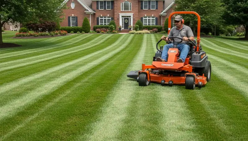 Commercial mower creating precise lawn stripes during professional mowing in Cincinnati, OH