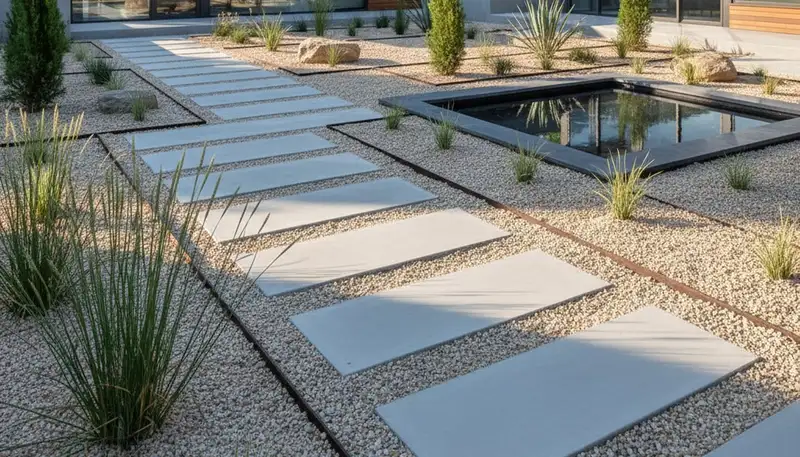 Modern pea gravel landscape design with clean lines at a Cincinnati, OH property by Chop Chop Landscaping