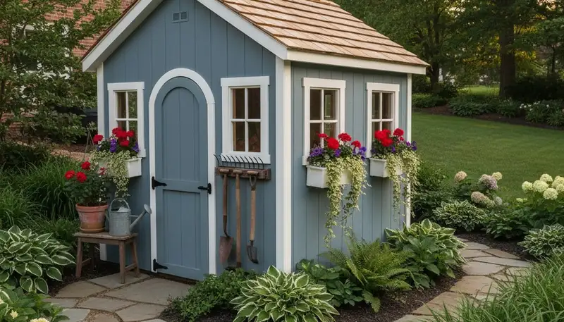 Decorative garden shed with custom landscape design in Cincinnati, OH by Chop Chop Landscaping