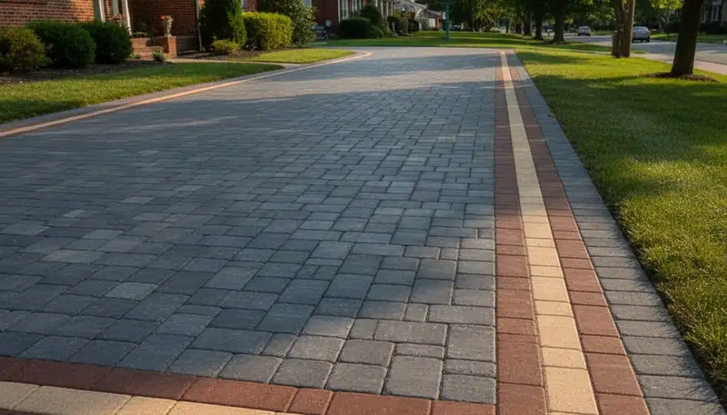 Decorative paver border with soldier course design by driveway pavers in Cincinnati, OH