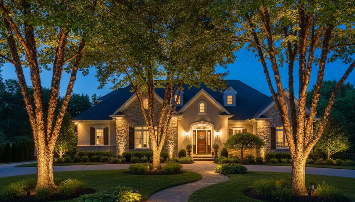 Dramatic tree uplighting installation by Chop Chop Landscaping in Cincinnati, OH enhancing evening curb appeal