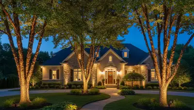Dramatic tree uplighting installation by Chop Chop Landscaping in Cincinnati, OH enhancing evening curb appeal