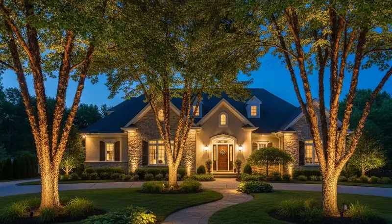 Dramatic tree uplighting installation by Chop Chop Landscaping in Cincinnati, OH enhancing evening curb appeal