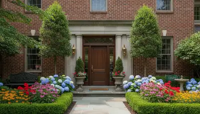 Front yard landscape design with colorful plants and shrubs at a Cincinnati, OH home entrance