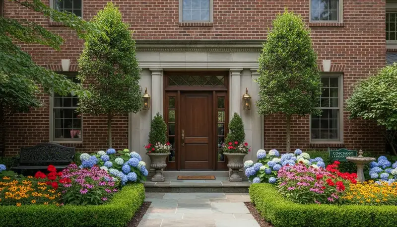 Front yard landscape design with colorful plants and shrubs at a Cincinnati, OH home entrance