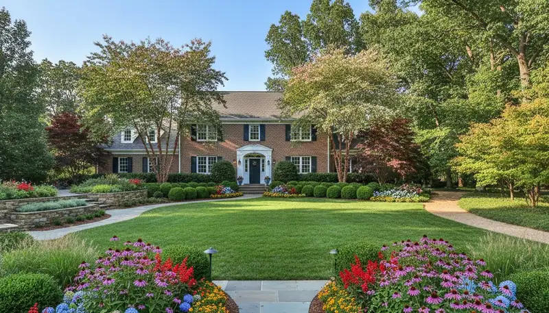 Full property landscape design with mature plantings and lawn by Chop Chop Landscaping in Cincinnati, OH