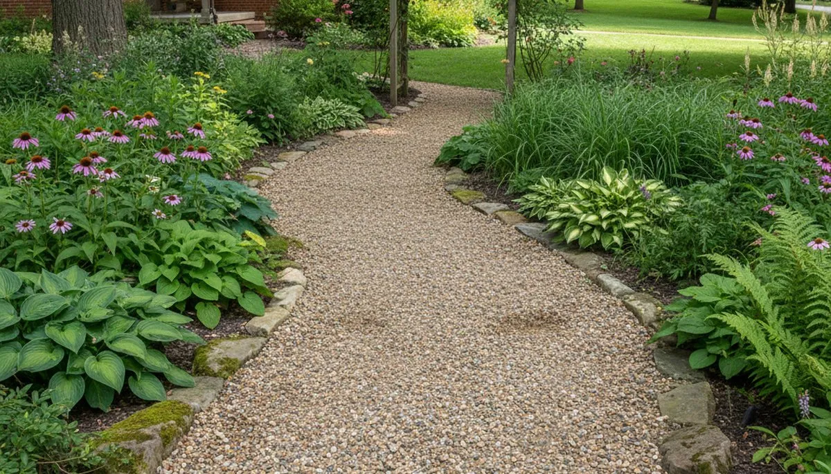 Pea gravel garden pathway installation in Cincinnati, OH by Chop Chop Landscaping for natural drainage design