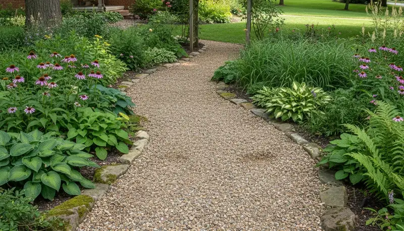 Pea gravel garden pathway installation in Cincinnati, OH by Chop Chop Landscaping for natural drainage design