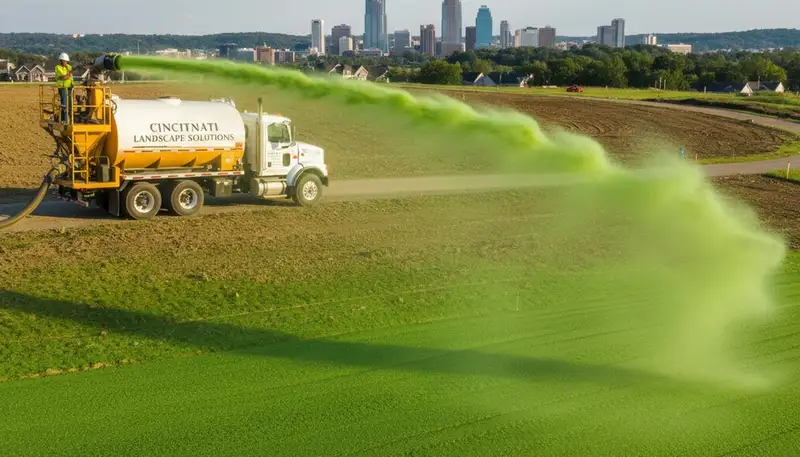 Hydroseeder truck spraying green slurry across new lawn in Cincinnati, OH by Chop Chop Landscaping