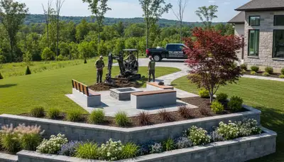 Landscaping crew designing a Cincinnati, OH yard for a residential landscape project