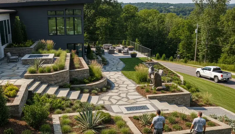 Landscaping team designing a Cincinnati, OH yard with shrubs, mulch, and stone edging