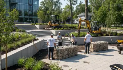 Landscaping team in Cincinnati, OH designing a residential outdoor space with professional hardscaping work