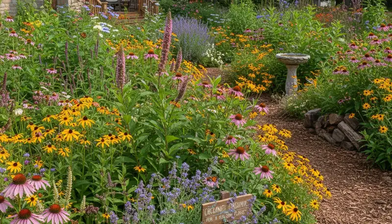 Native pollinator garden with bee-friendly flowers by organic landscapers in Cincinnati, OH