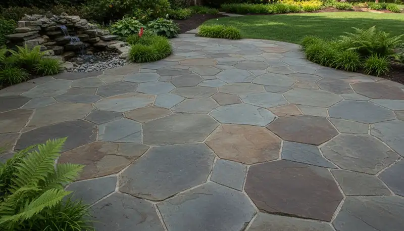 Flagstone patio with natural stone pavers and expert masonry by Chop Chop Landscaping in Cincinnati, OH
