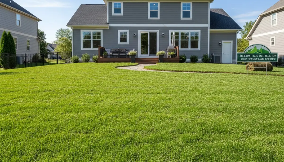 Freshly installed green sod lawn in Cincinnati, OH showcasing professional landscaping results