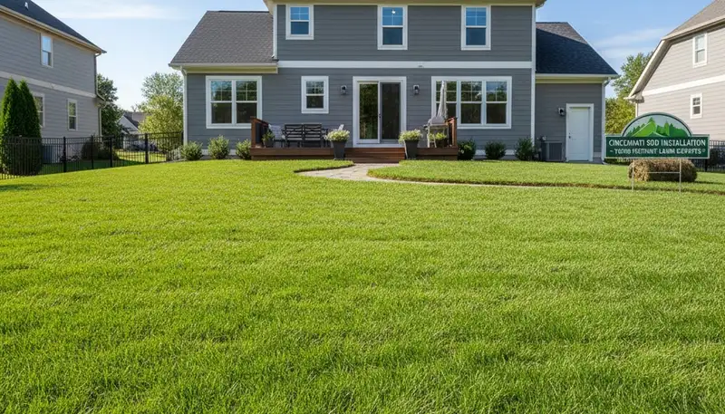 Freshly installed green sod lawn in Cincinnati, OH showcasing professional landscaping results
