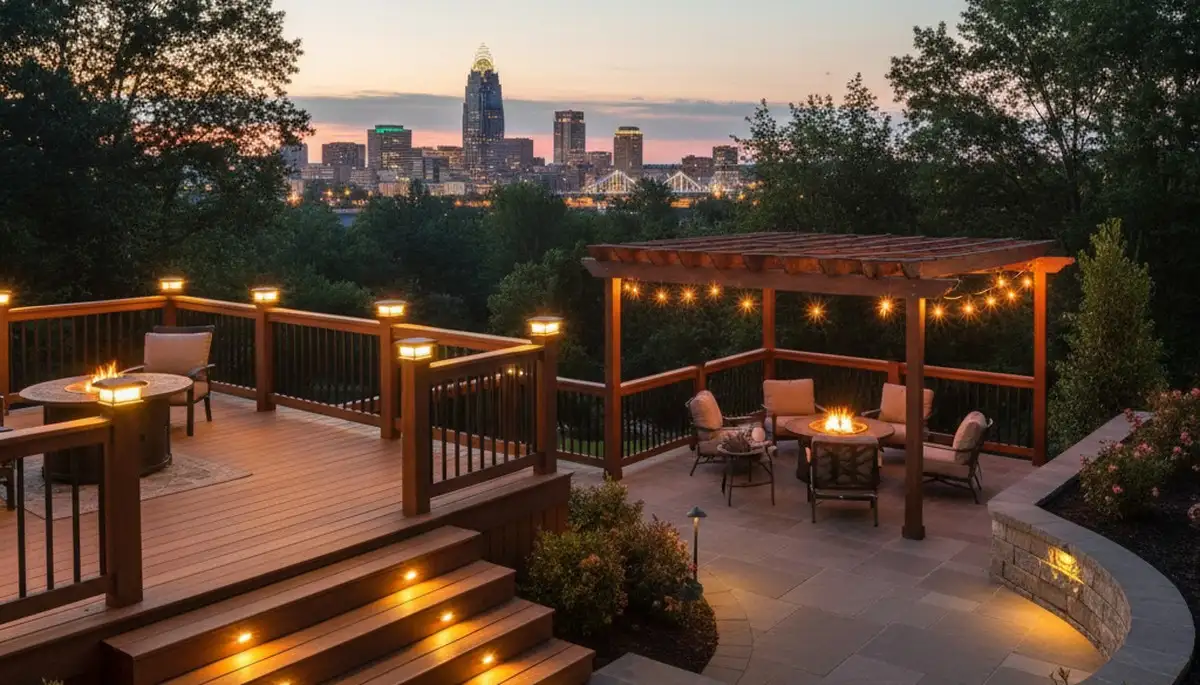 Cincinnati OH outdoor living space with deck and step lighting by Chop Chop Landscaping