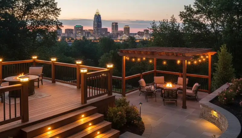 Cincinnati OH outdoor living space with deck and step lighting by Chop Chop Landscaping