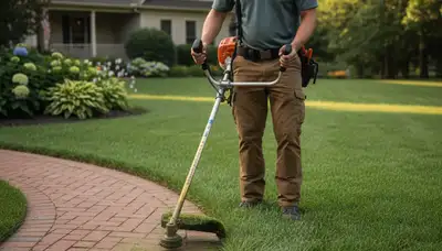 Technician performing precision lawn edging with string trimmer in Cincinnati, OH landscaping service
