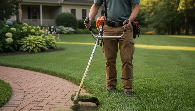 Technician performing precision lawn edging with string trimmer in Cincinnati, OH landscaping service