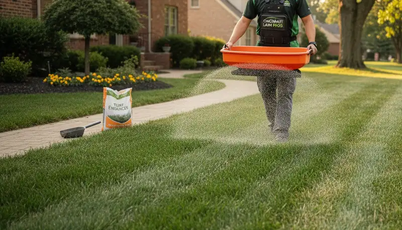 Lawn care technician applying fertilizer with broadcast spreader on residential lawn in Cincinnati, OH