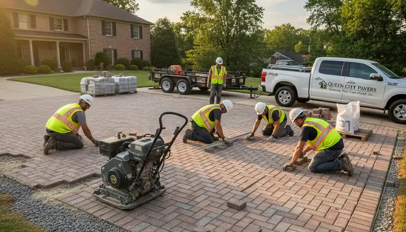 Crew installing driveway pavers in Cincinnati OH with precise leveling and base prep by Chop Chop Landscaping