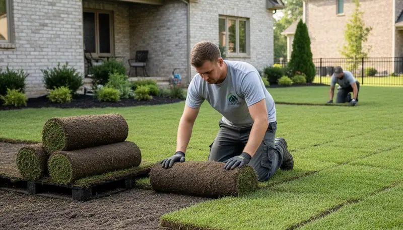 Professional landscaper installing fresh sod rolls in Cincinnati, OH for a quality lawn transformation