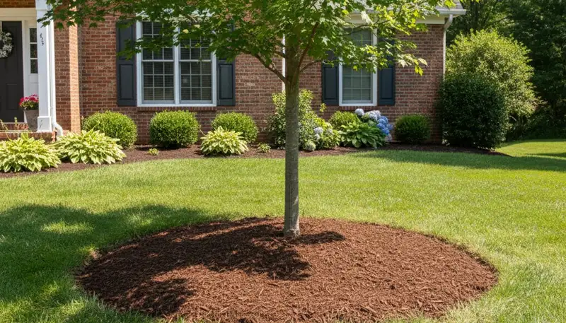 Professional circular tree ring mulching around tree base, Cincinnati OH landscaping by Chop Chop Landscaping