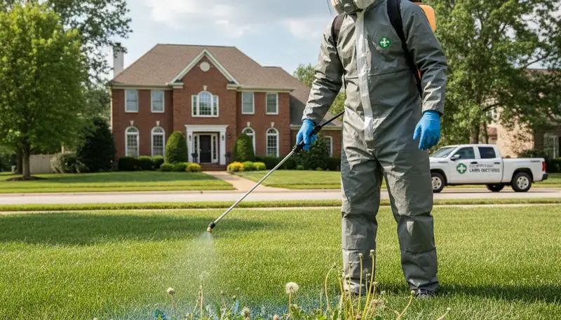 Lawn care expert applying weed control treatment on Cincinnati, OH residential lawn
