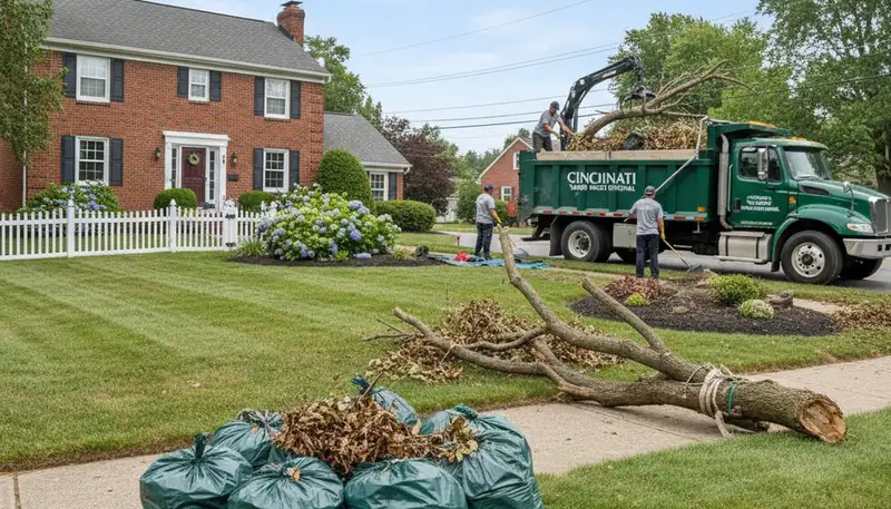 Professional yard debris removal and cleanup crew working at a residential property in Cincinnati, OH