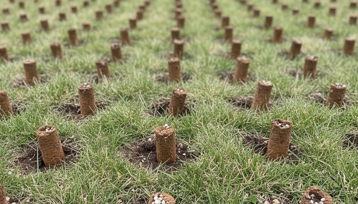Close-up of soil core plugs from lawn aeration showing depth and coverage on Cincinnati, OH turf