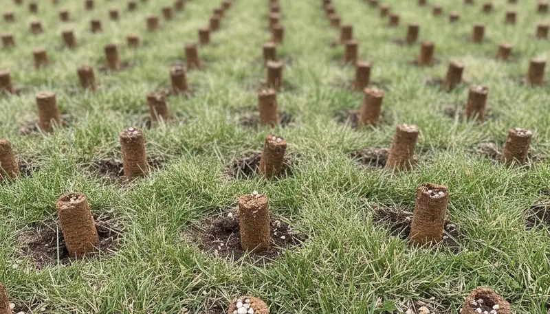 Close-up of soil core plugs from lawn aeration showing depth and coverage on Cincinnati, OH turf