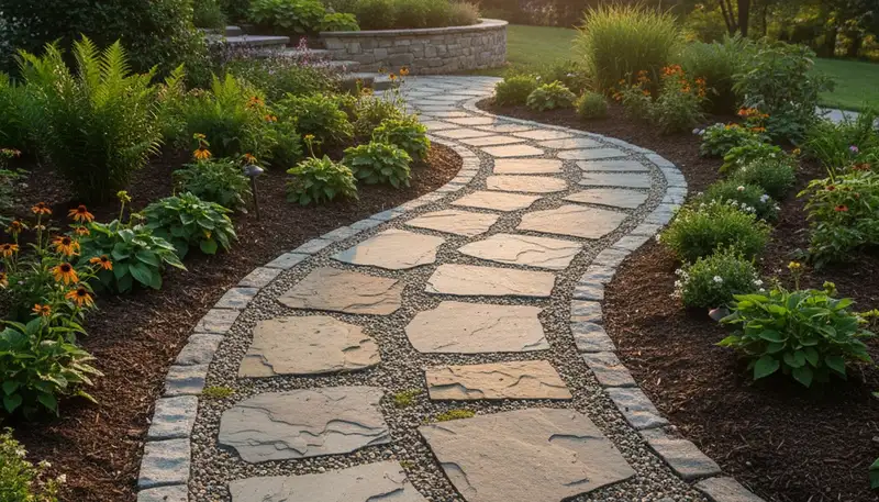 Curved stone paver pathway installed by professional landscapers in Cincinnati, OH