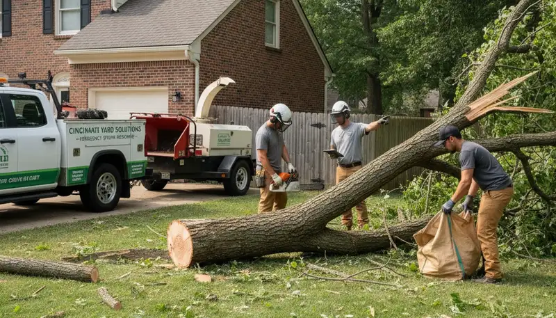 Storm damage yard cleanup crew removing fallen branches at a Cincinnati, OH home